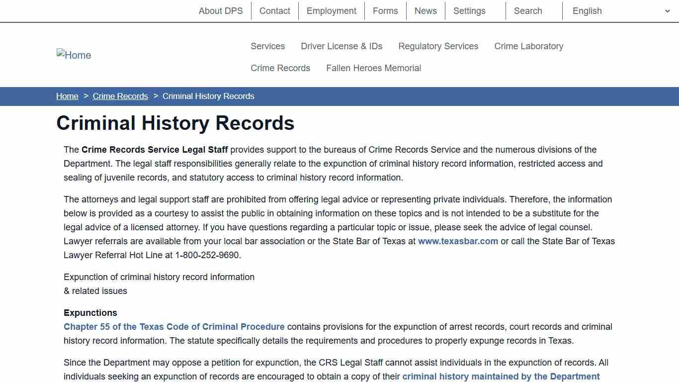 Criminal History Records Department of Public Safety